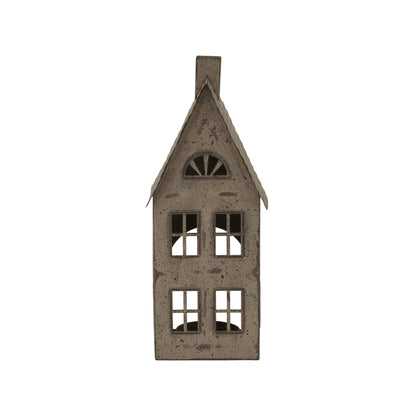 Tall Rustic Metal House Tealight With Glass Votive - BROWN
