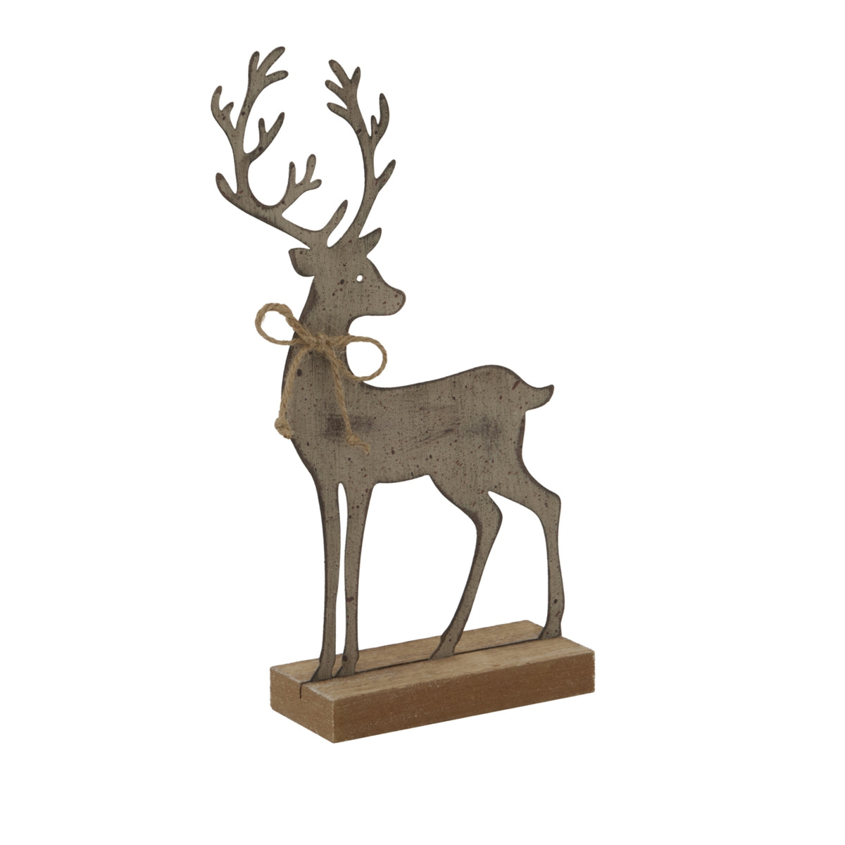 Rustic Metal Reindeer On Wood Stand - BROWN