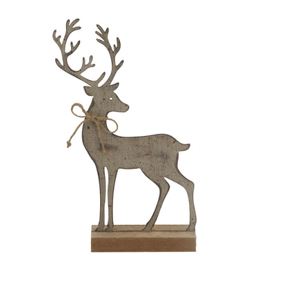 Rustic Metal Reindeer On Wood Stand - BROWN