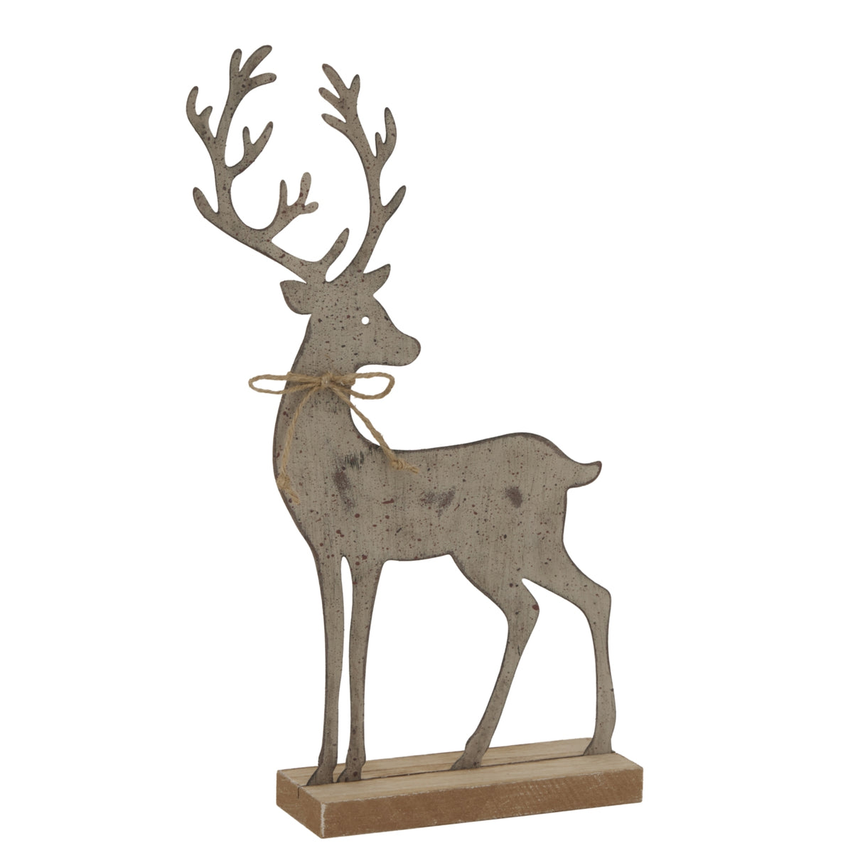 Large Rustic Metal Reindeer On Wood Stand - BROWN
