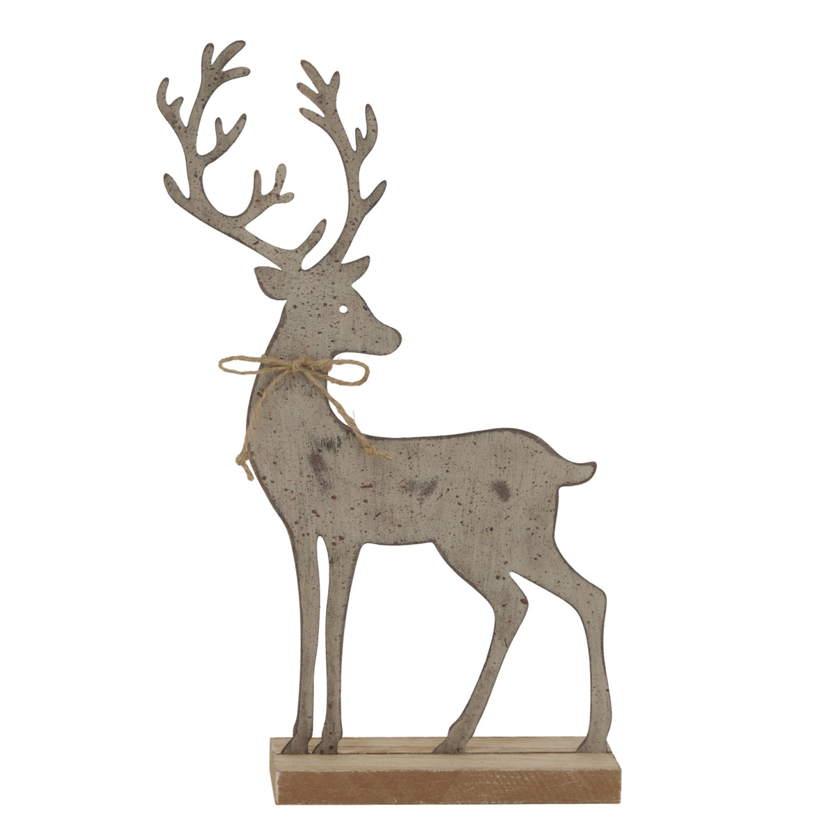 Large Rustic Metal Reindeer On Wood Stand - BROWN