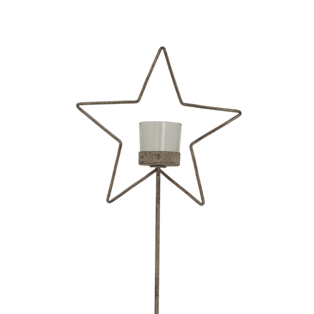 Natural Rustic Star On Wood Stand With Glass Votive - BROWN