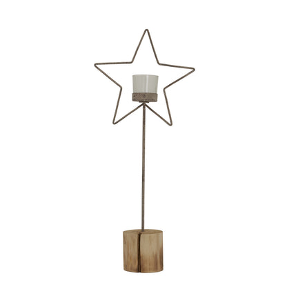 Natural Rustic Star On Wood Stand With Glass Votive - BROWN