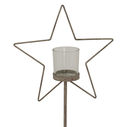 Large Natural Rustic Star On Wood Stand With Glass Votive - BROWN