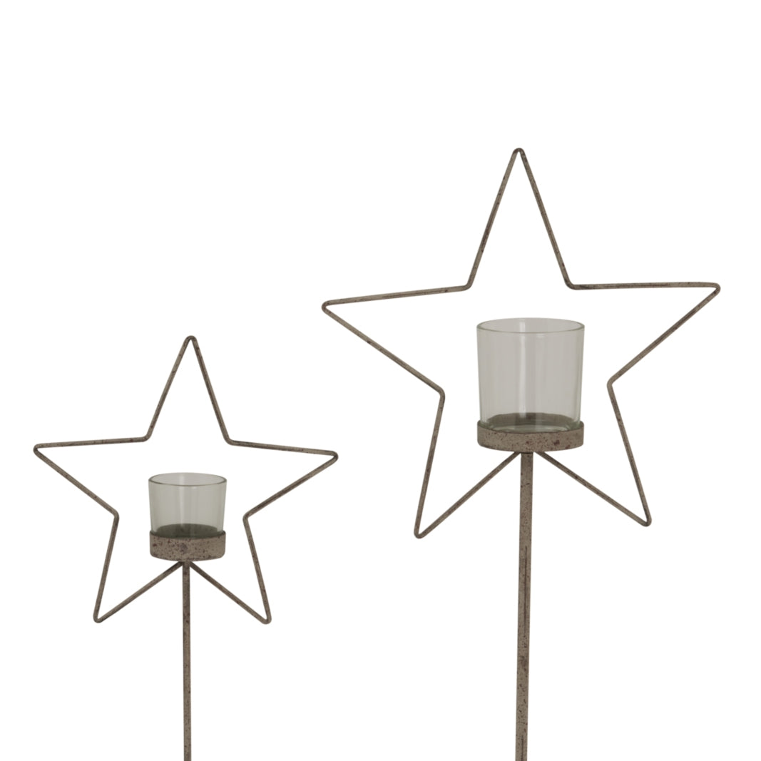 Large Natural Rustic Star On Wood Stand With Glass Votive - BROWN