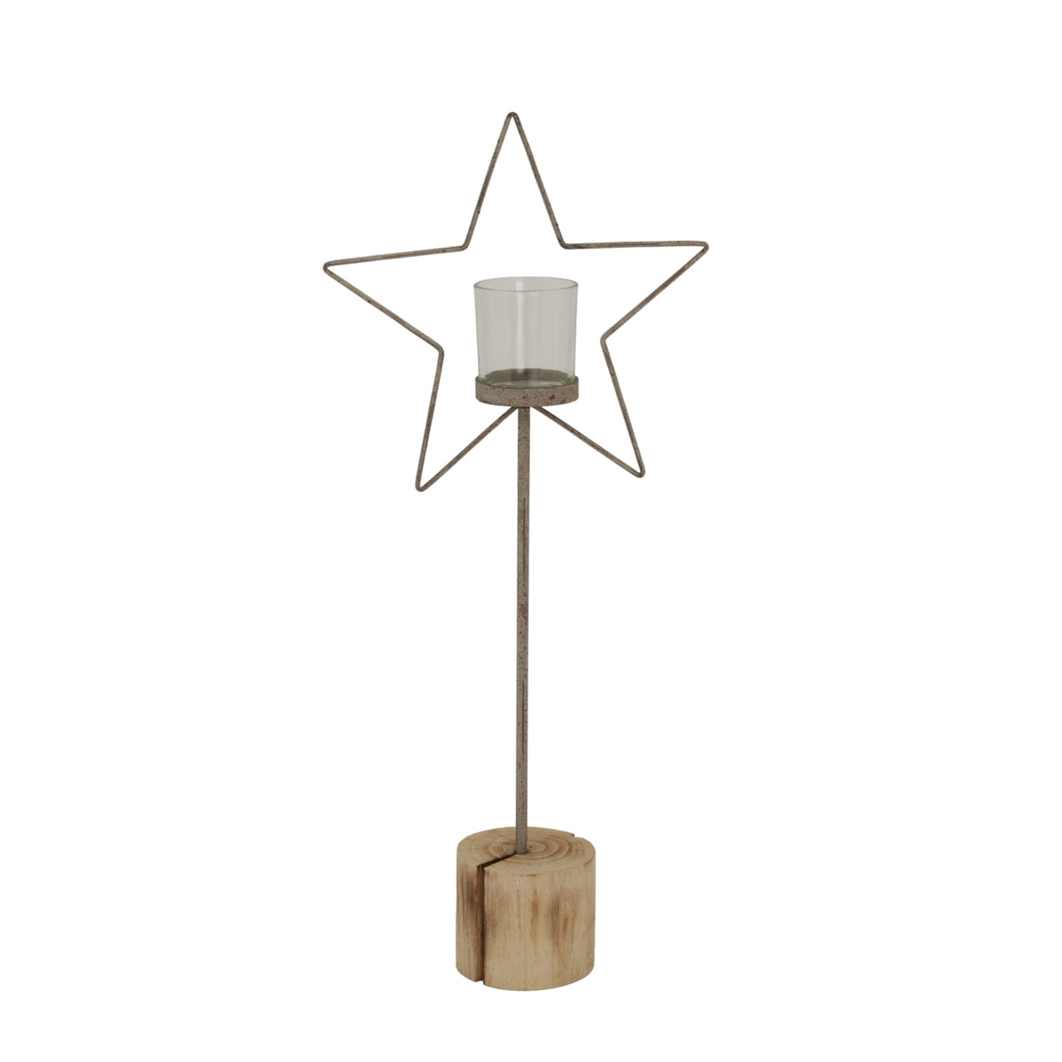 Large Natural Rustic Star On Wood Stand With Glass Votive - BROWN
