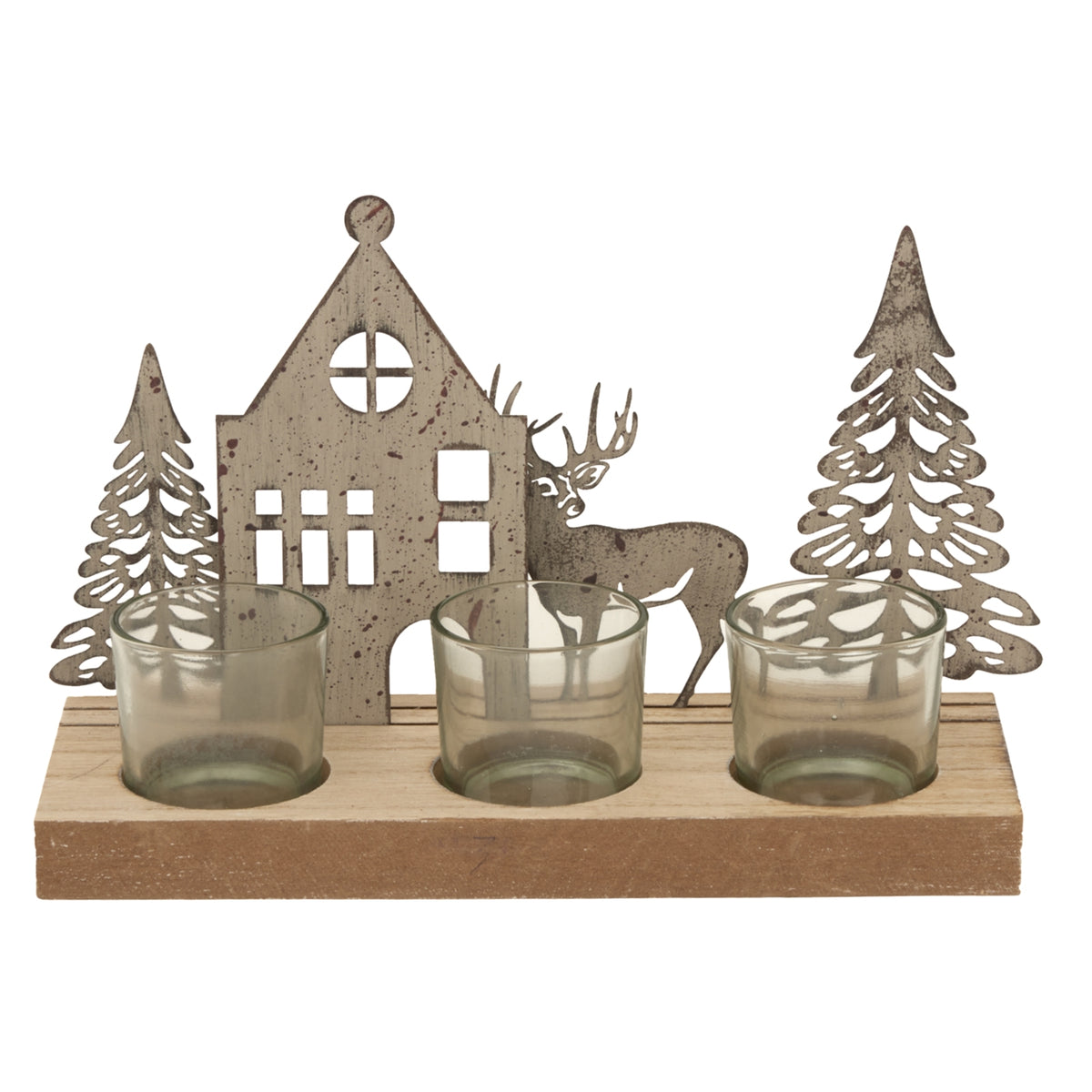 Rustic Metal Scene Tealight On Wood Stand With Glass Votives - BROWN