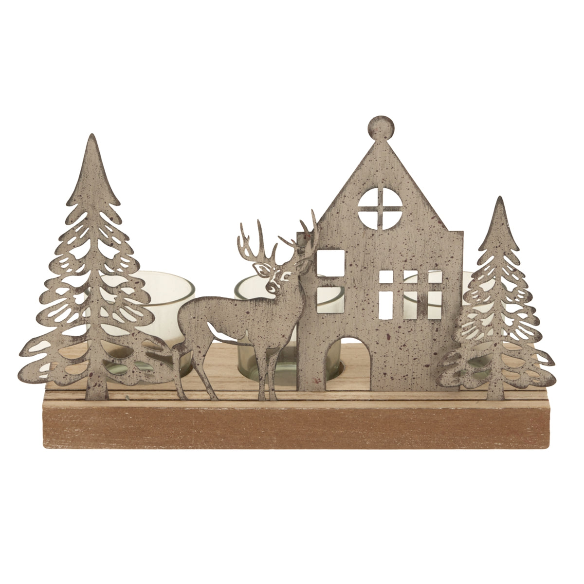 Rustic Metal Scene Tealight On Wood Stand With Glass Votives - BROWN