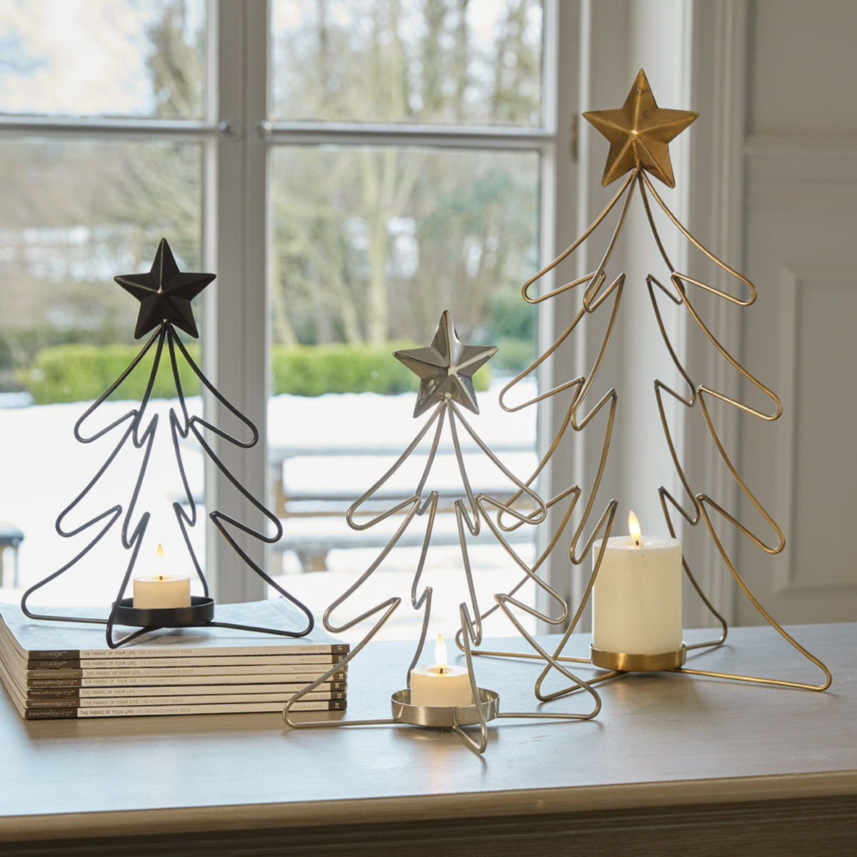 Rustic Outline Tree And Star With Four Glass Votives - ANTIQUE BRONZE