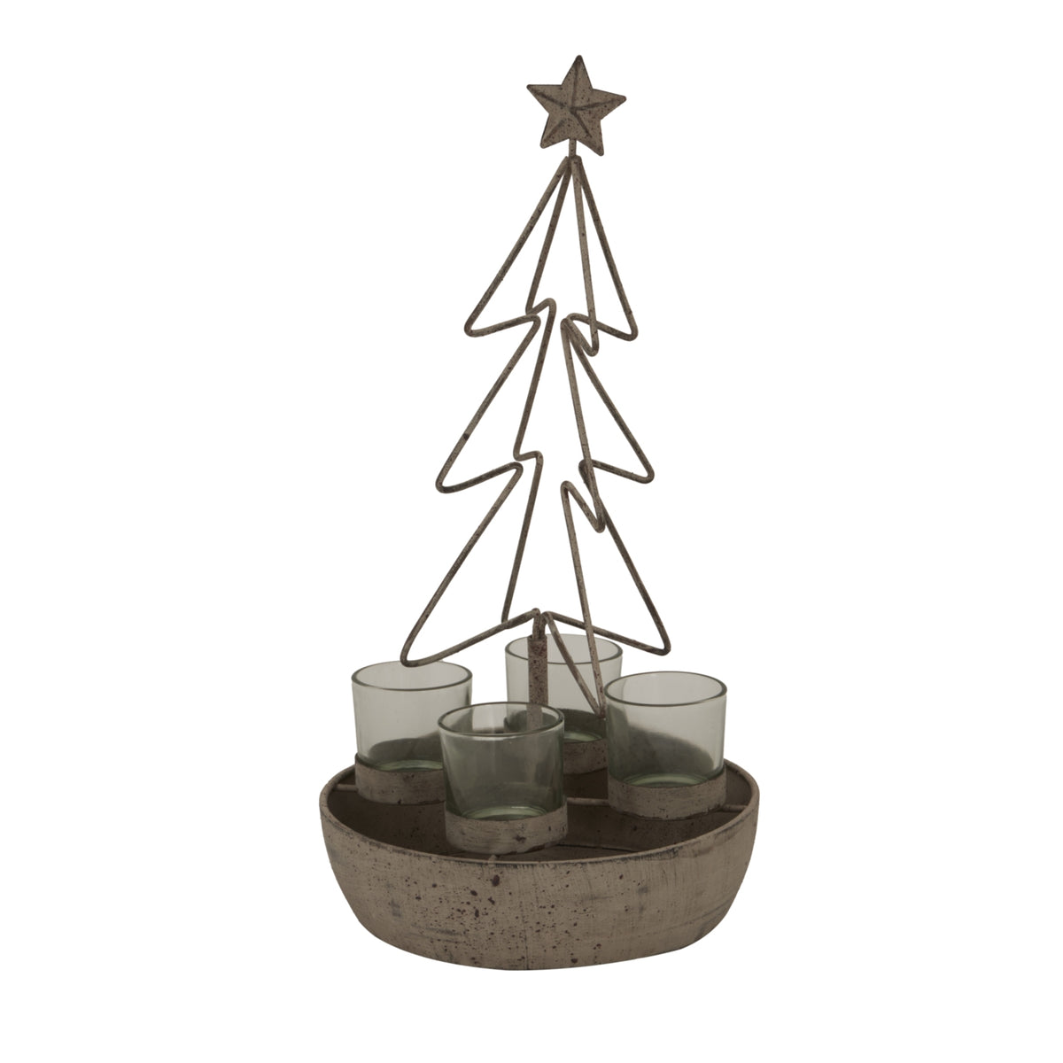 Rustic Outline Tree And Star With Four Glass Votives - ANTIQUE BRONZE