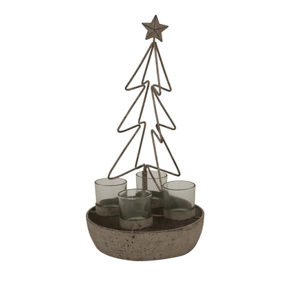 Rustic Outline Tree And Star With Four Glass Votives - ANTIQUE BRONZE