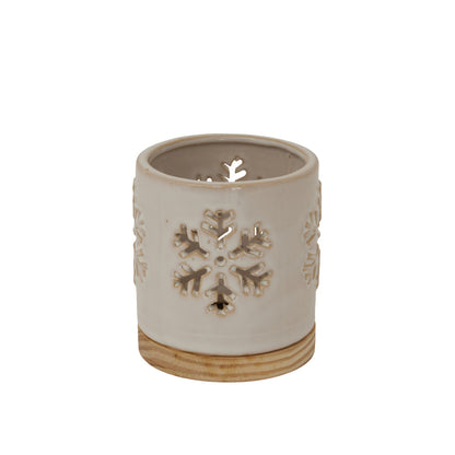 Alora Ceramic Snowflake Candle Holder On Wood Base - WHITE