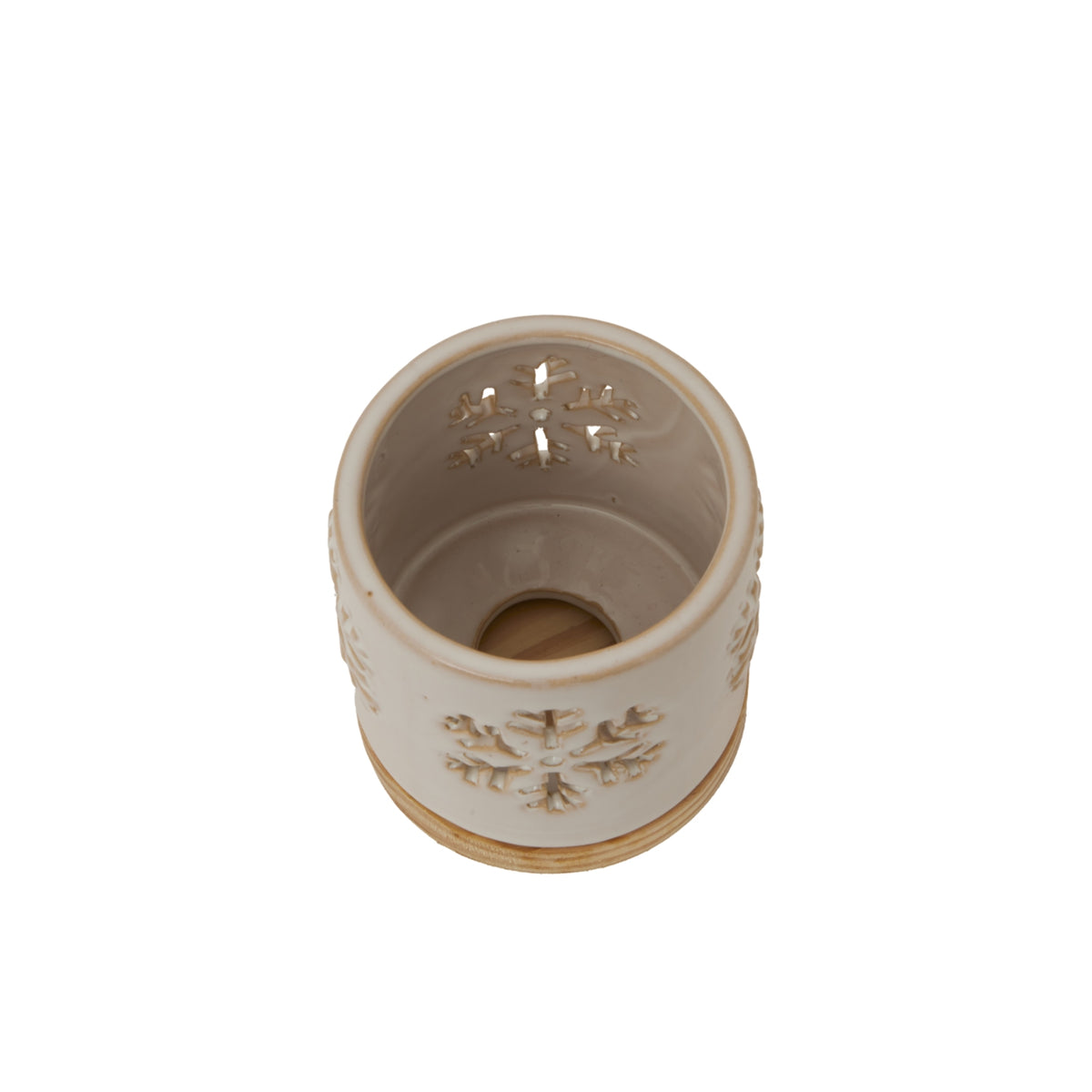 Alora Ceramic Snowflake Candle Holder On Wood Base - WHITE