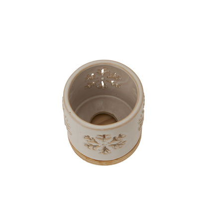 Alora Ceramic Snowflake Candle Holder On Wood Base - WHITE