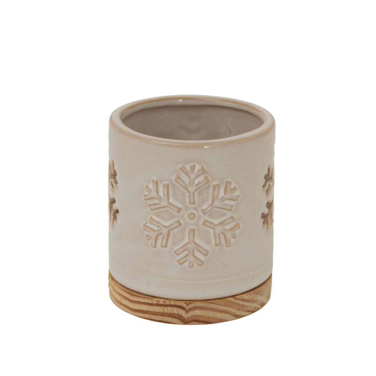 Alora Ceramic Snowflake Candle Holder On Wood Base - WHITE