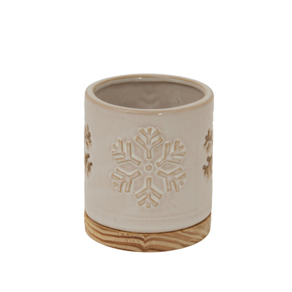Alora Ceramic Snowflake Candle Holder On Wood Base - WHITE