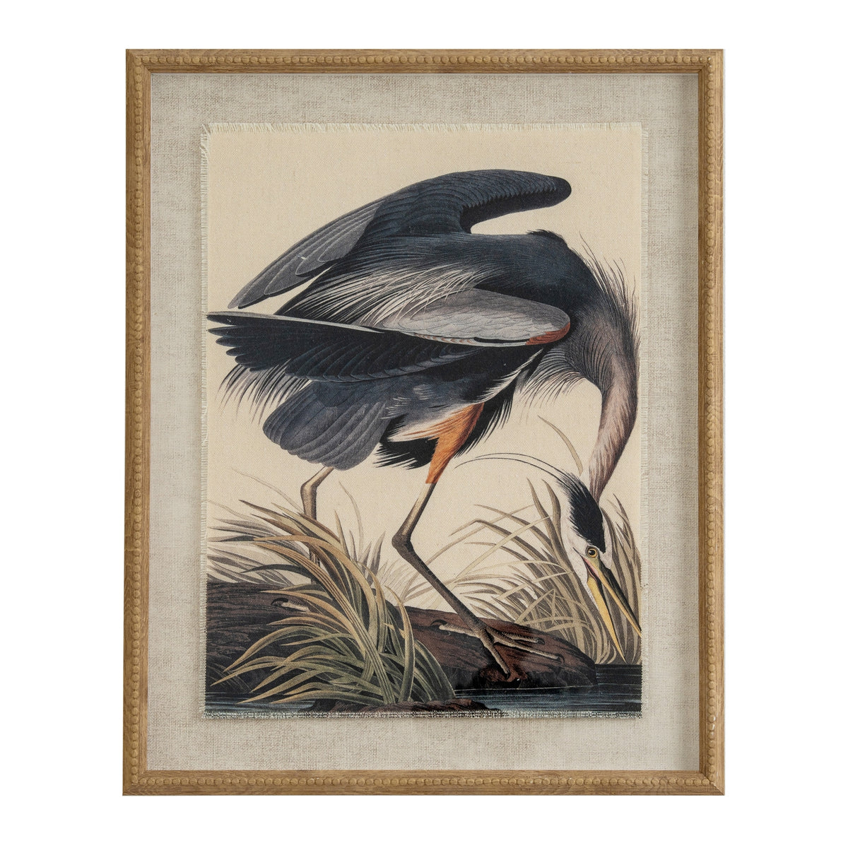 Flora & Fauna Collection Heron On Linen In Beaded Frame - BROWN