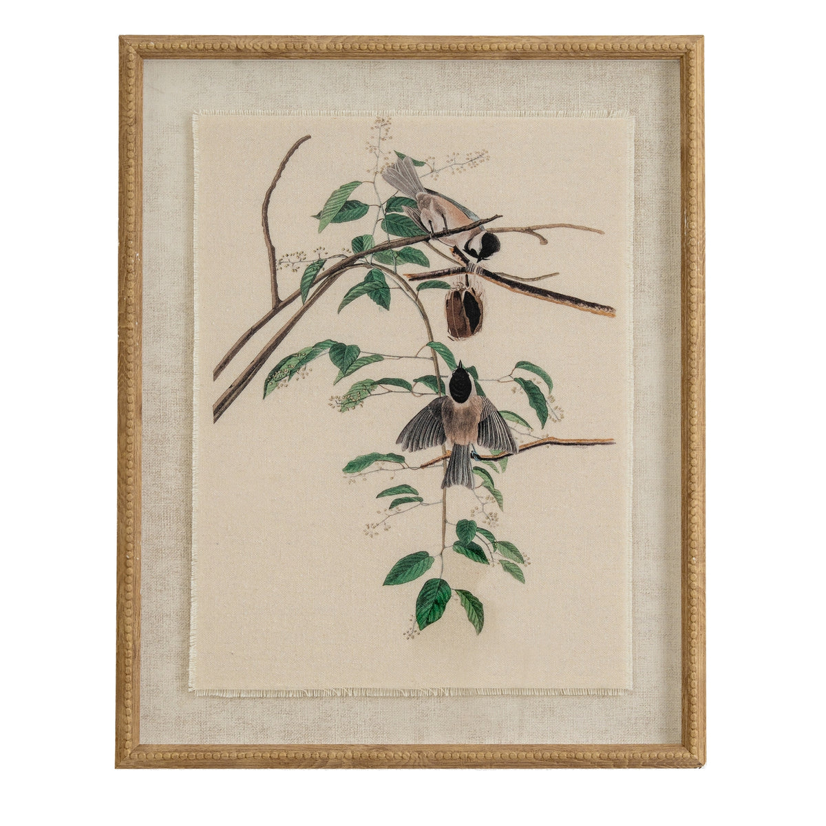 Flora & Fauna Collection Chickadees On Linen In Beaded Frame - BROWN