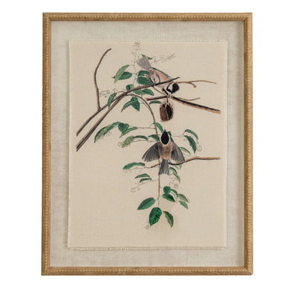 Flora & Fauna Collection Chickadees On Linen In Beaded Frame - BROWN