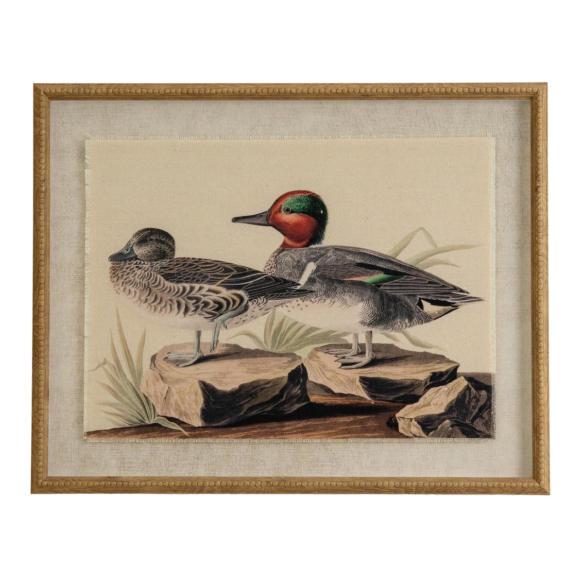 Flora & Fauna Collection Teals On Linen In Beaded Frame - BROWN