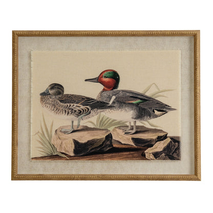 Flora & Fauna Collection Teals On Linen In Beaded Frame - BROWN