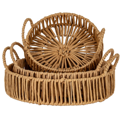 Large Loop Handle Set of 3 Round Trays - BROWN