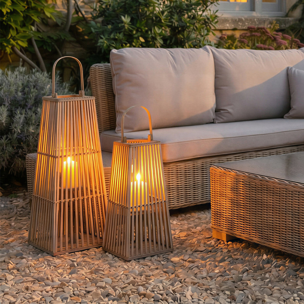 Medium Silo Wicker Lantern With Glass Holder - BROWN