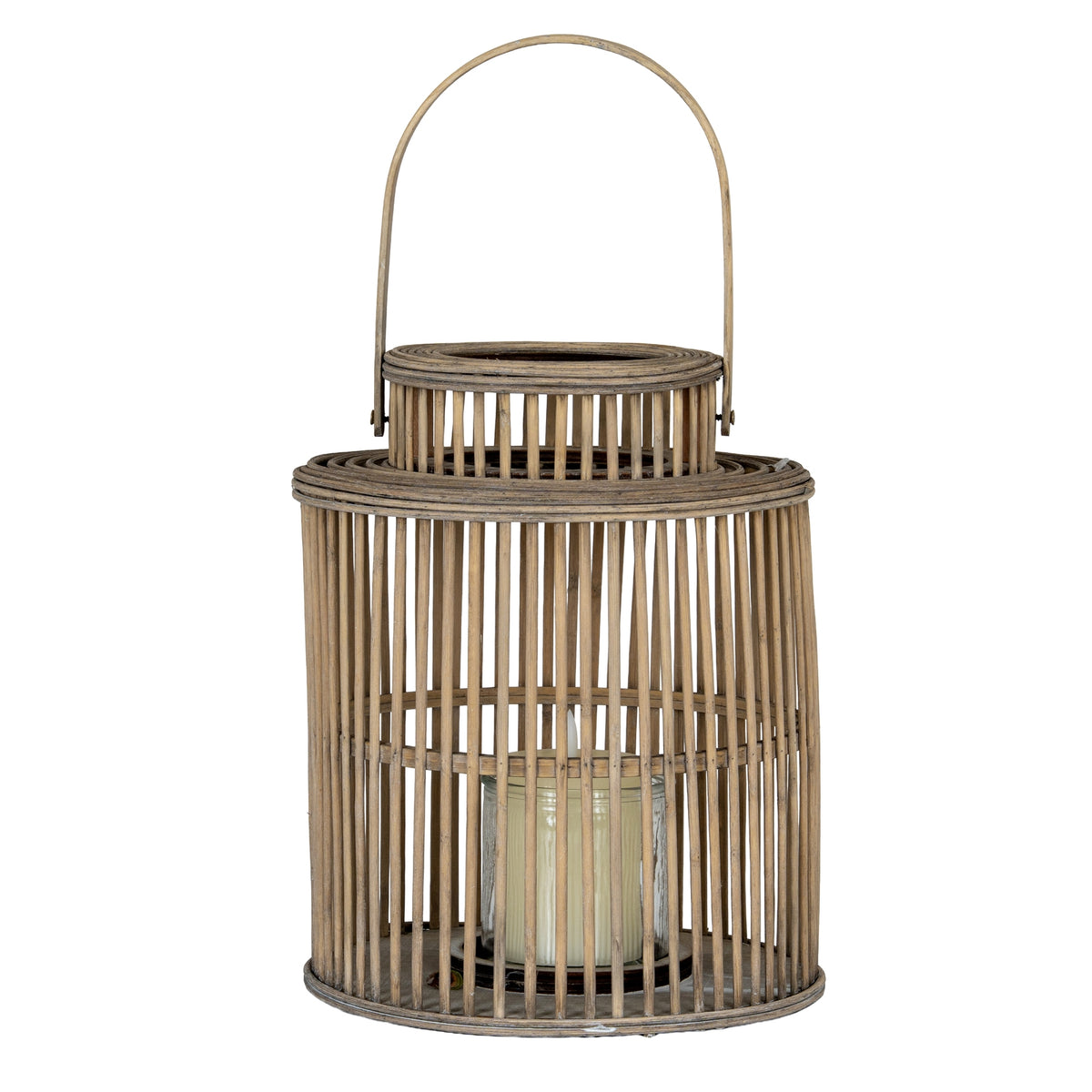 Cylinder Wicker Lantern With Glass Holder - BROWN