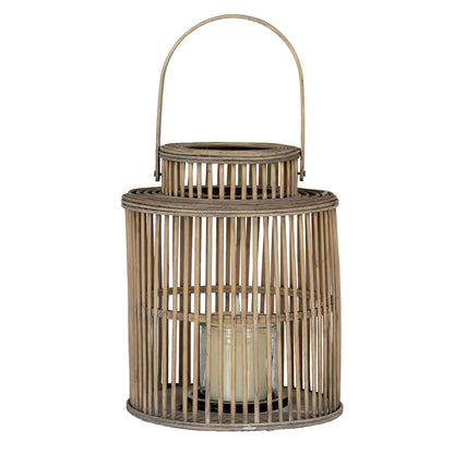 Cylinder Wicker Lantern With Glass Holder - BROWN