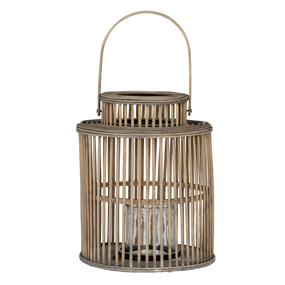 Cylinder Wicker Lantern With Glass Holder - BROWN