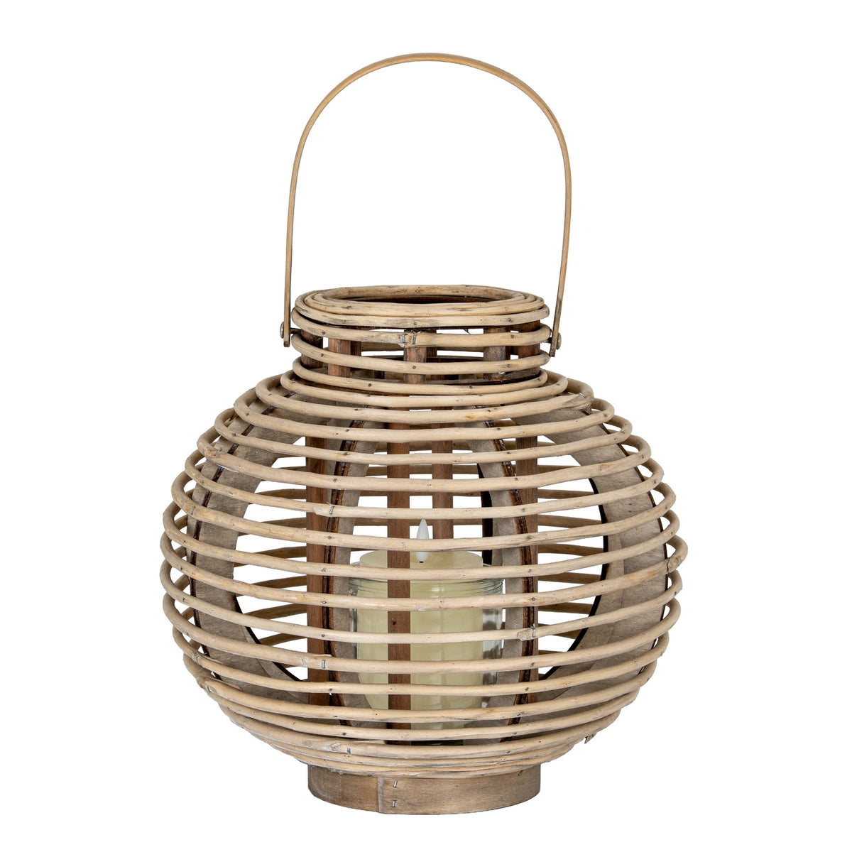 Large Round Willow Lantern With Glass Holder - BROWN