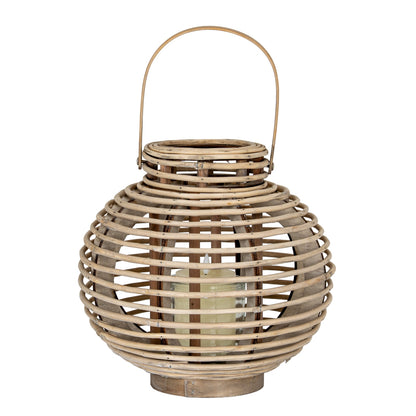 Large Round Willow Lantern With Glass Holder - BROWN