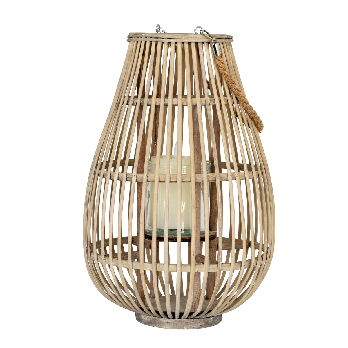 Large Ellipse Wicker Lantern With Glass Holder - BROWN