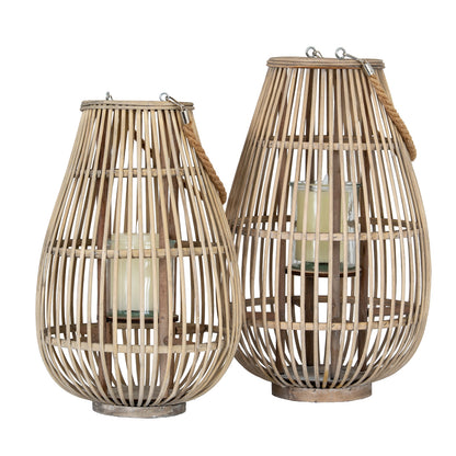 Large Ellipse Wicker Lantern With Glass Holder - BROWN