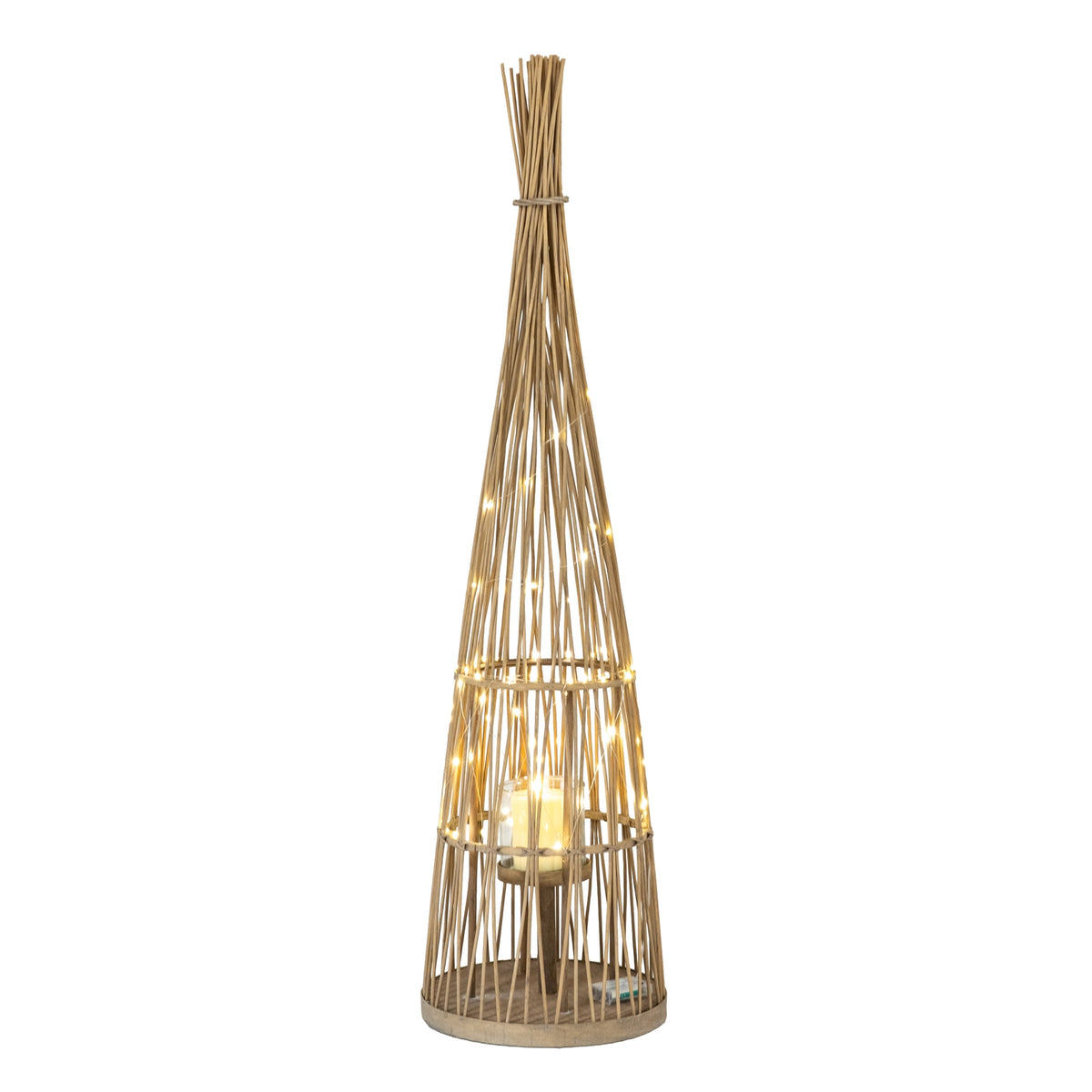 Large Conical Wicker Lantern With Glass Holder & LED Lights - BROWN
