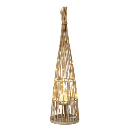 Large Conical Wicker Lantern With Glass Holder & LED Lights - BROWN