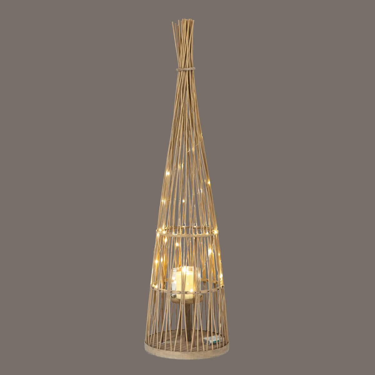 Large Conical Wicker Lantern With Glass Holder & LED Lights - BROWN