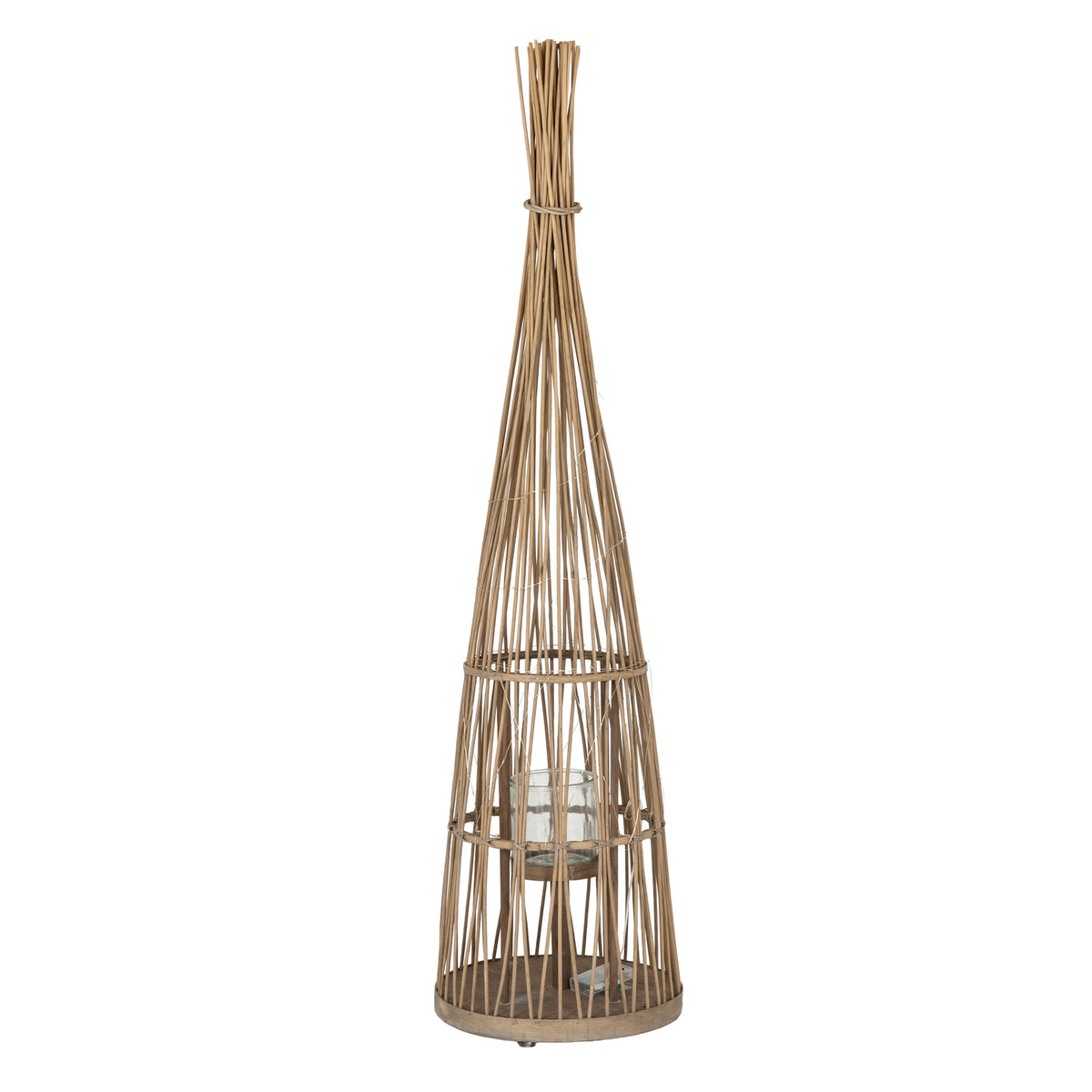 Large Conical Wicker Lantern With Glass Holder & LED Lights - BROWN