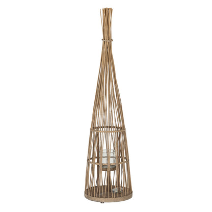Large Conical Wicker Lantern With Glass Holder & LED Lights - BROWN