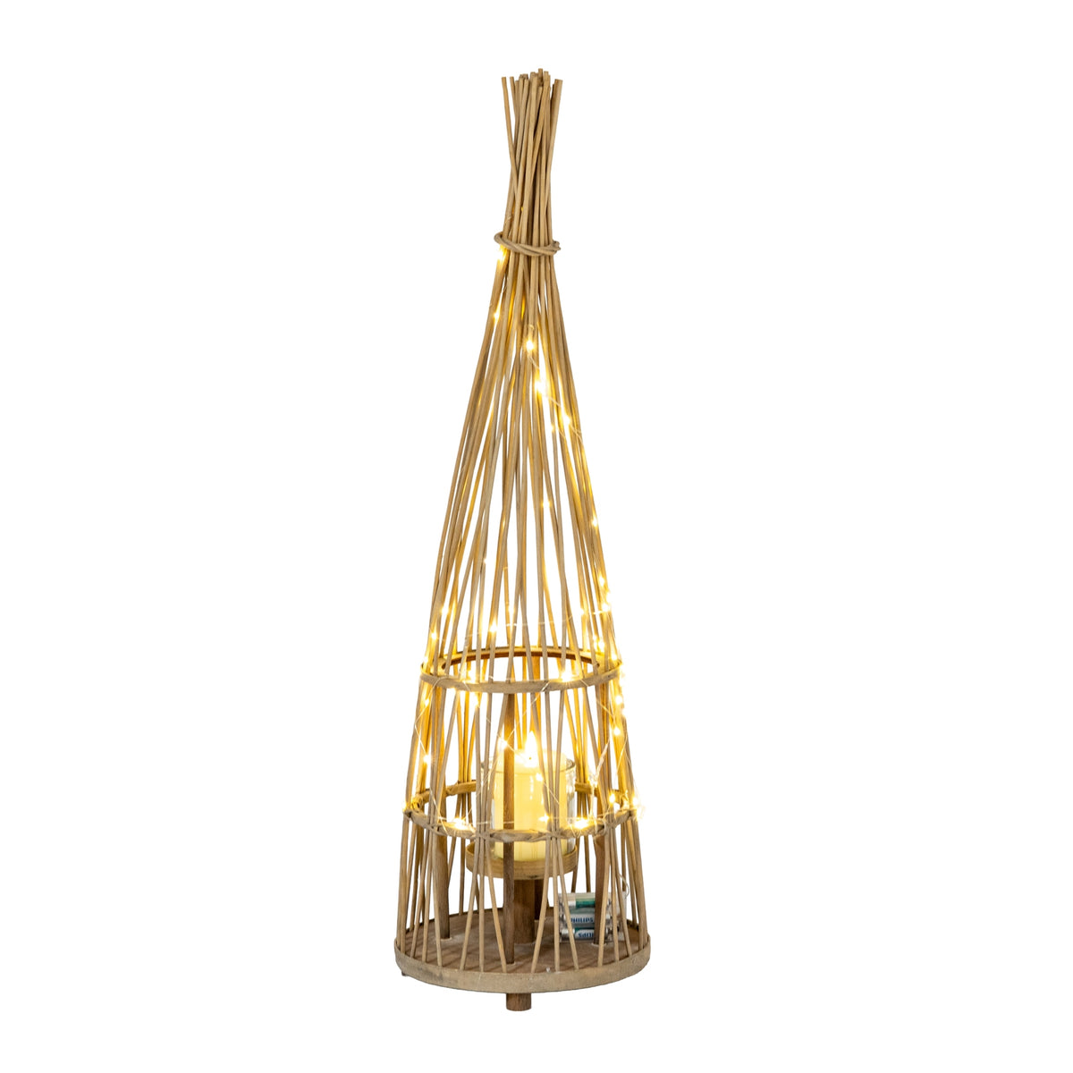 Medium Conical Wicker Lantern With Glass Holder & LED Lights - BROWN