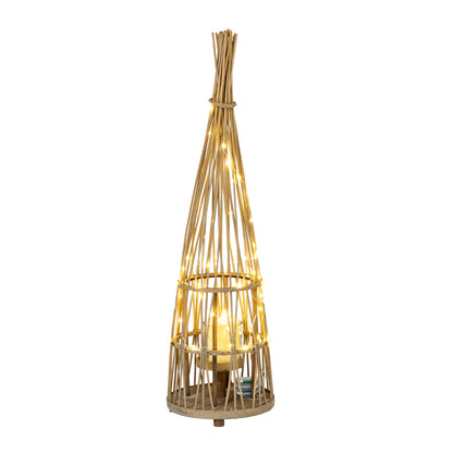 Medium Conical Wicker Lantern With Glass Holder & LED Lights - BROWN