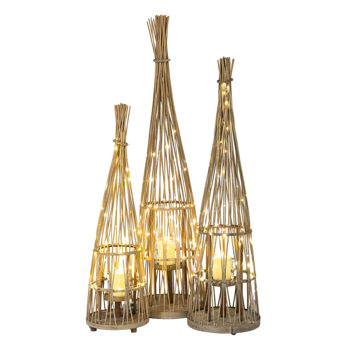 Medium Conical Wicker Lantern With Glass Holder & LED Lights - BROWN