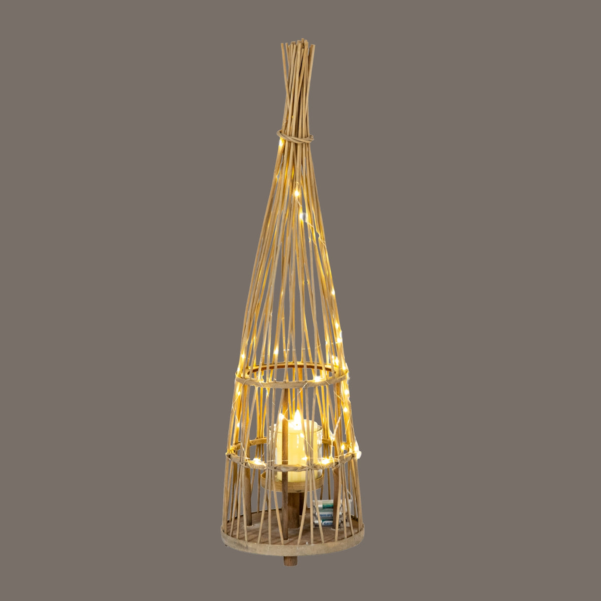 Medium Conical Wicker Lantern With Glass Holder & LED Lights - BROWN