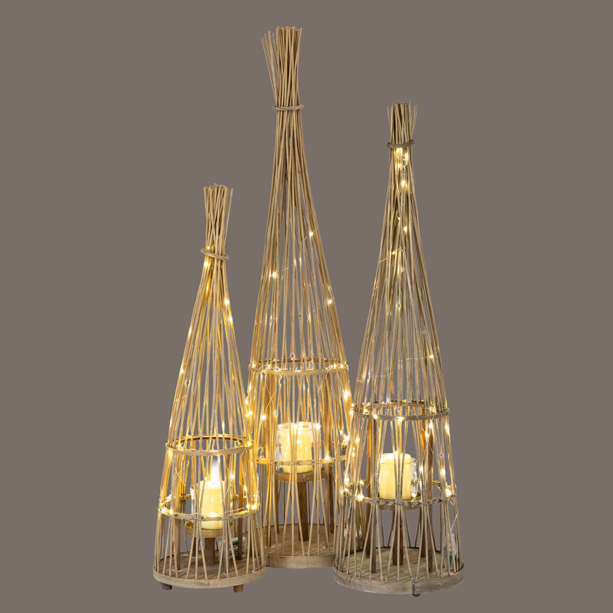 Medium Conical Wicker Lantern With Glass Holder & LED Lights - BROWN