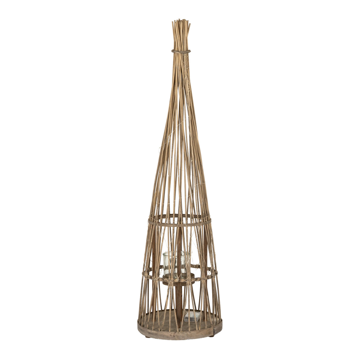 Medium Conical Wicker Lantern With Glass Holder & LED Lights - BROWN