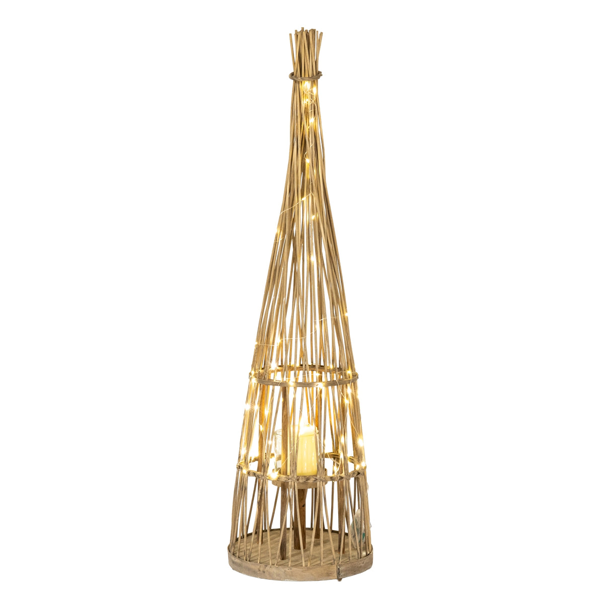Small Conical Wicker Lantern With Glass Holder & LED Lights - BROWN