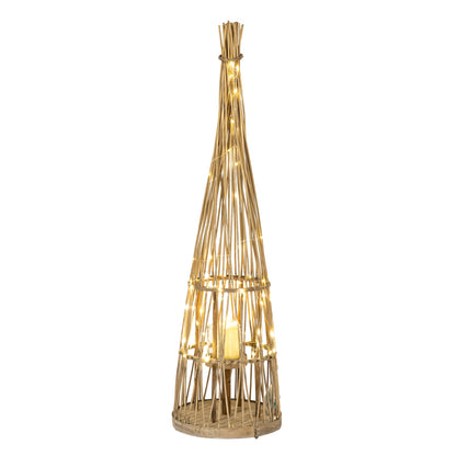 Small Conical Wicker Lantern With Glass Holder & LED Lights - BROWN