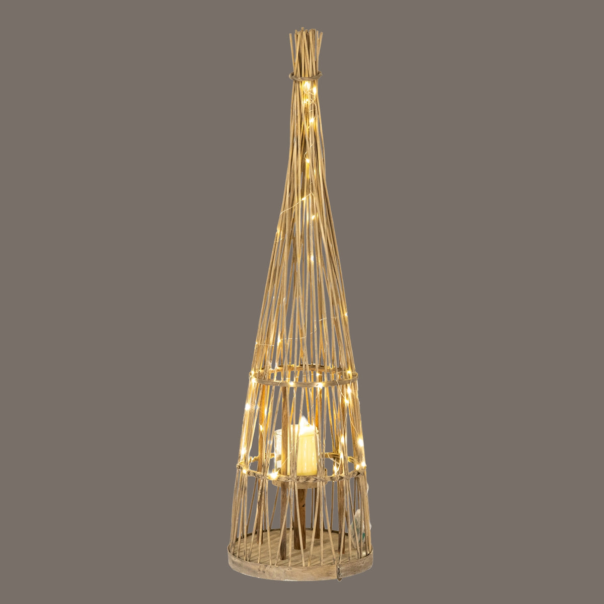 Small Conical Wicker Lantern With Glass Holder & LED Lights - BROWN