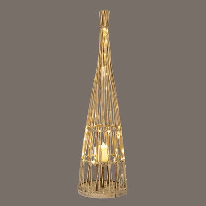 Small Conical Wicker Lantern With Glass Holder & LED Lights - BROWN