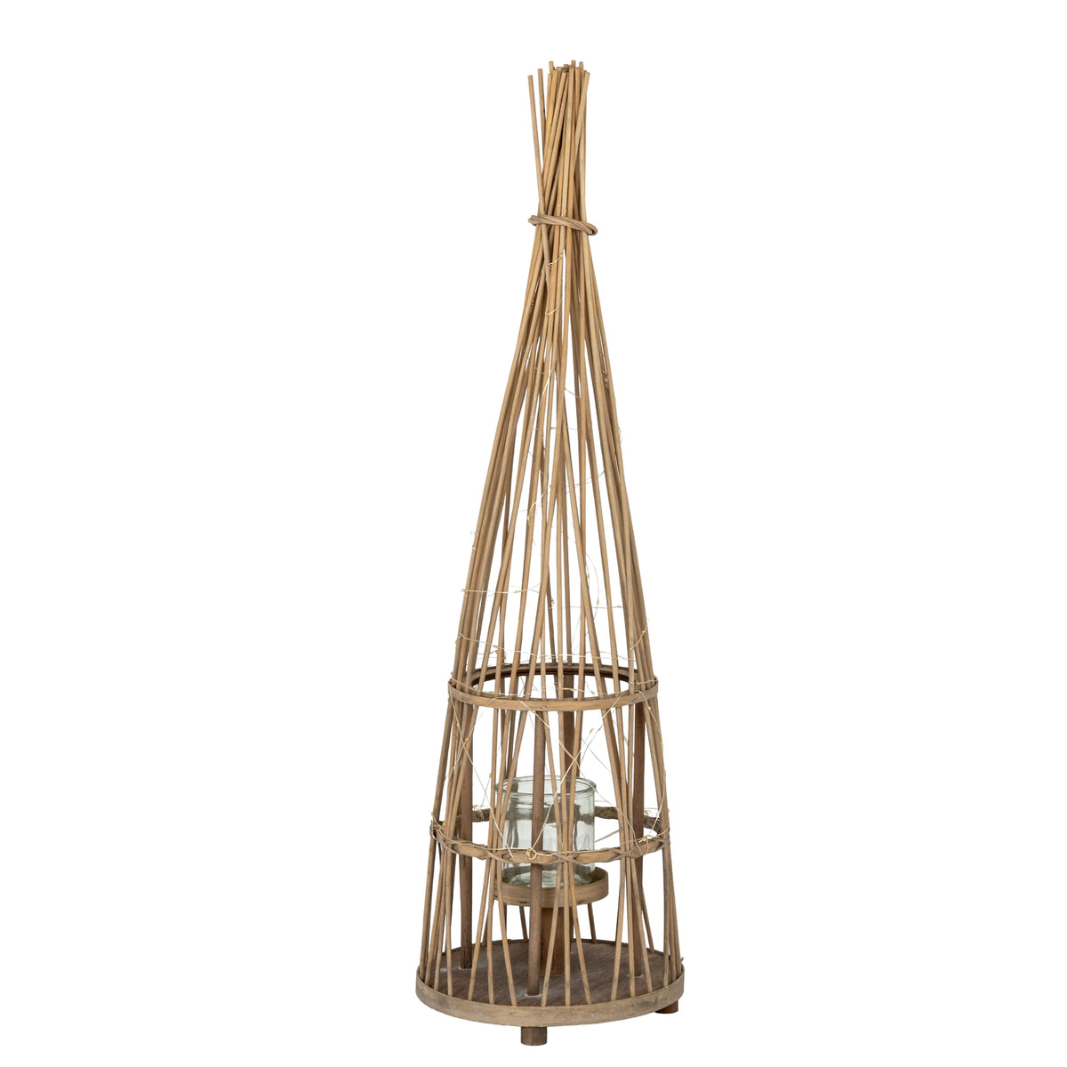 Small Conical Wicker Lantern With Glass Holder & LED Lights - BROWN